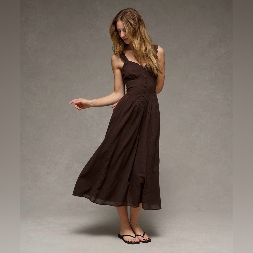 American Eagle Outfitters Chocolate Brown Button-Front Midi Dress